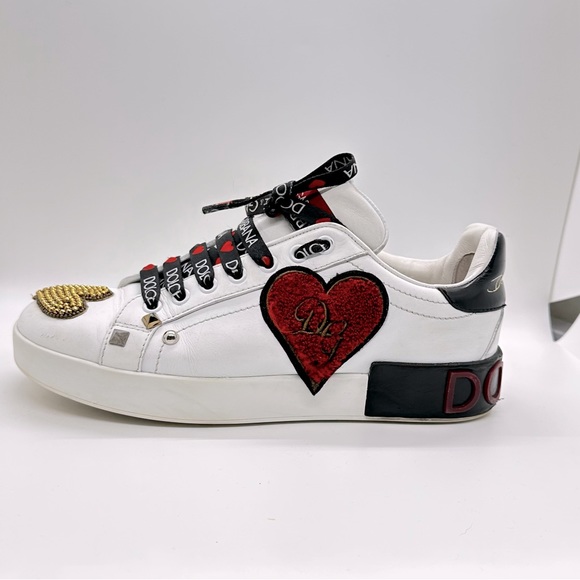 Dolce & Gabbana White Leather Portofino Gold RedHeart Low Top Sneakers Size 38 - Picture 3 of 13